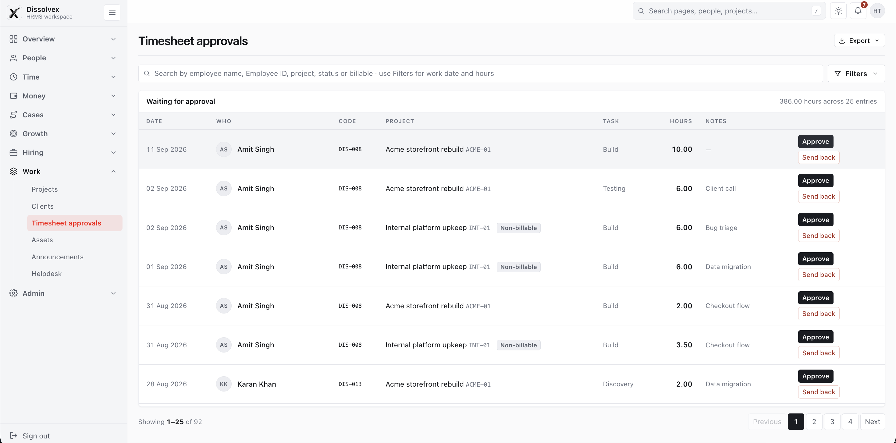 Weekly Timesheet Submissions and Project Hours Review — dissolveX HRMS